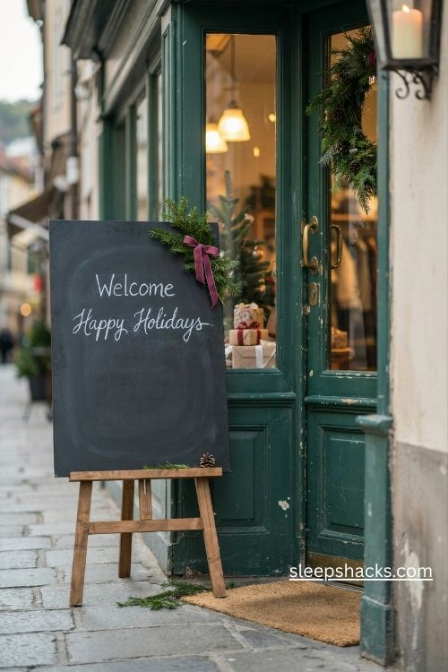 Rustic christmas storefront chalkboard welcome sign on a wooden easel with evergreen sprigs and velvet ribbon