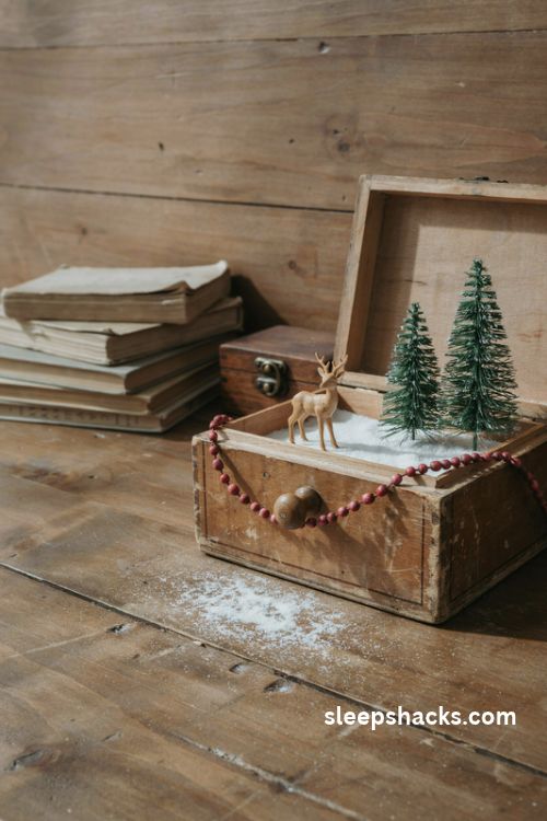 Rustic cigar box Christmas diorama with a tiny deer, miniature evergreen trees, and vintage red garland