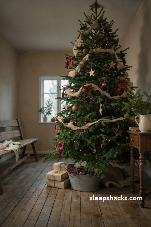 Rustic farmhouse Christmas tree with burlap garland red and brown buffalo check bows and wooden stars