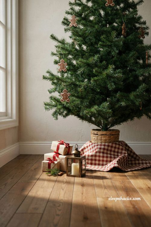 Rustic gingerbread christmas tree base with a plaid tree skirt and kraft paper wrapped presents
