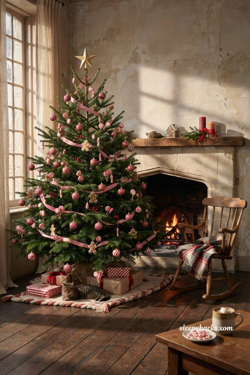 Rustic gingerbread christmas tree decorated with plaid and burlap ribbon in a cozy farmhouse living room