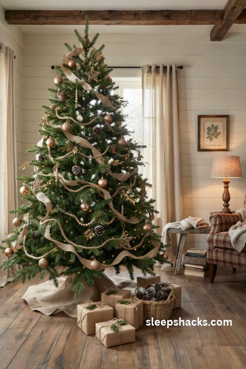 Rustic gold christmas tree with burlap ribbon wooden beads and natural pinecones
