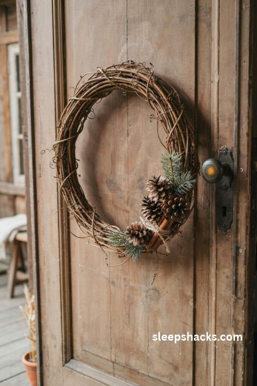 Rustic grapevine christmas wreath with pinecones cinnamon sticks and evergreen sprigs on a farmhouse door