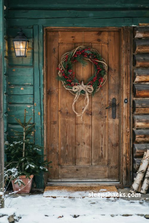 Rustic log cabin Christmas wreath with red berries pinecones and twine ribbon