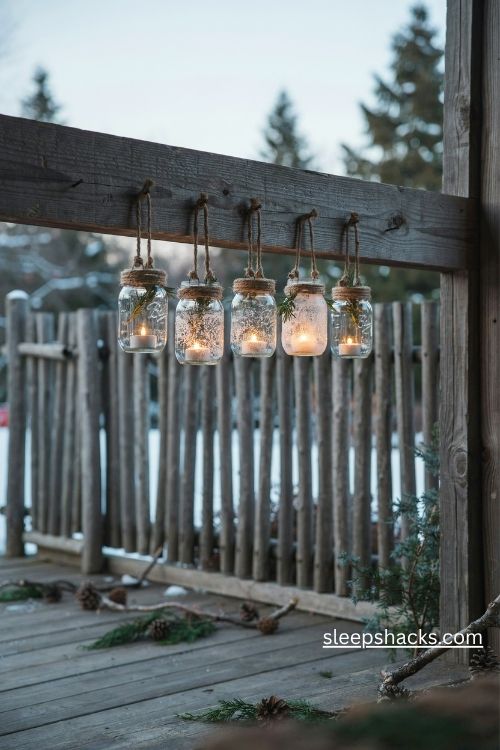 Rustic mason jar lanterns with twine handles and frosted glass for cozy Christmas porch decor