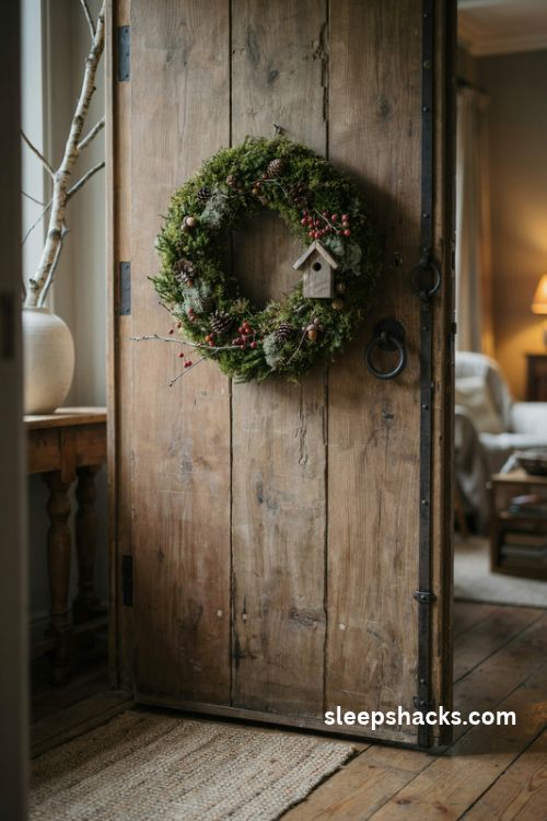 Rustic moss covered christmas wreath with pinecones acorns red berries and birch twigs on a farmhouse door