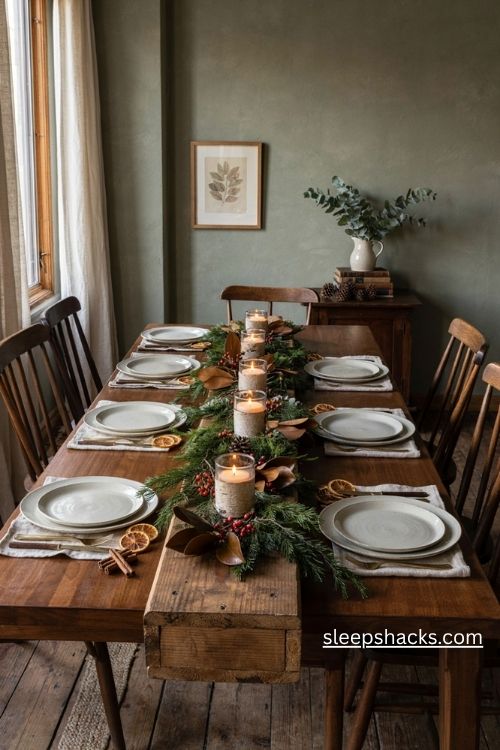 Rustic pallet wood Christmas centerpiece box filled with evergreen clippings red berries magnolia leaves and candlelight