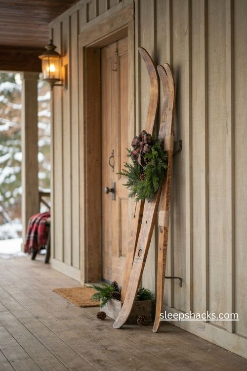 Rustic pallet wood Christmas skis with an evergreen wreath and plaid bow beside a farmhouse front door