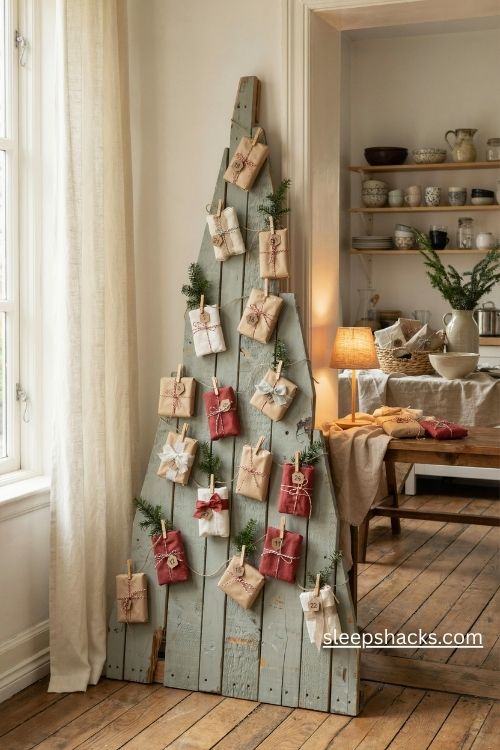 Rustic pallet wood advent calendar christmas tree with twenty four wrapped gifts and farmhouse decor 