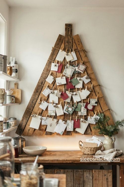 Rustic pallet wood christmas card holder tree with twine garlands and silver bells 