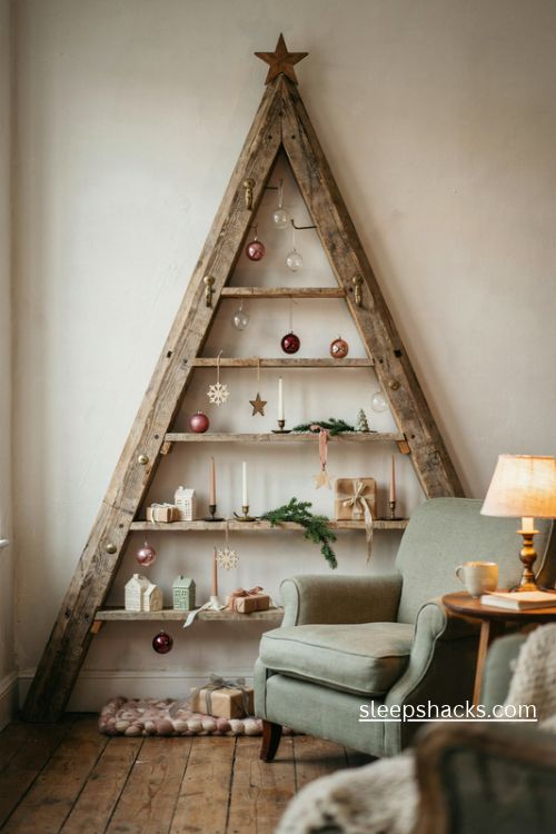 Rustic pallet wood christmas shelf tree with ornament hooks and vintage farmhouse decorations 