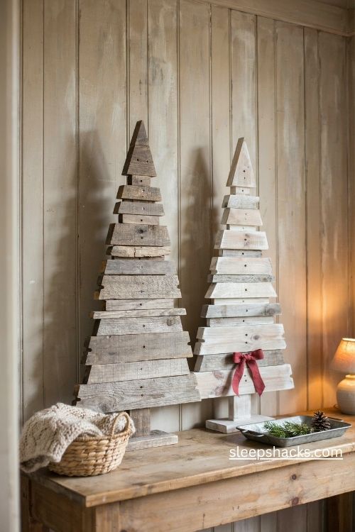 Rustic pallet wood christmas trees with weathered boards and farmhouse ribbon accents 