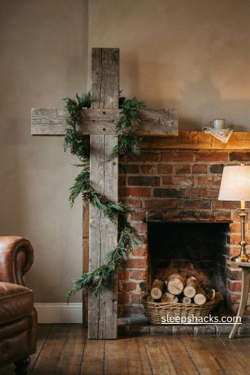 Rustic pallet wood cross christmas tree with cedar garland and pinecones beside a farmhouse fireplace
