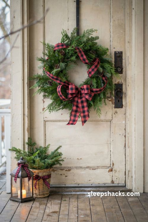 Rustic plaid ribbon christmas wreath with lush evergreen branches and oversized buffalo check bow on a farmhouse door