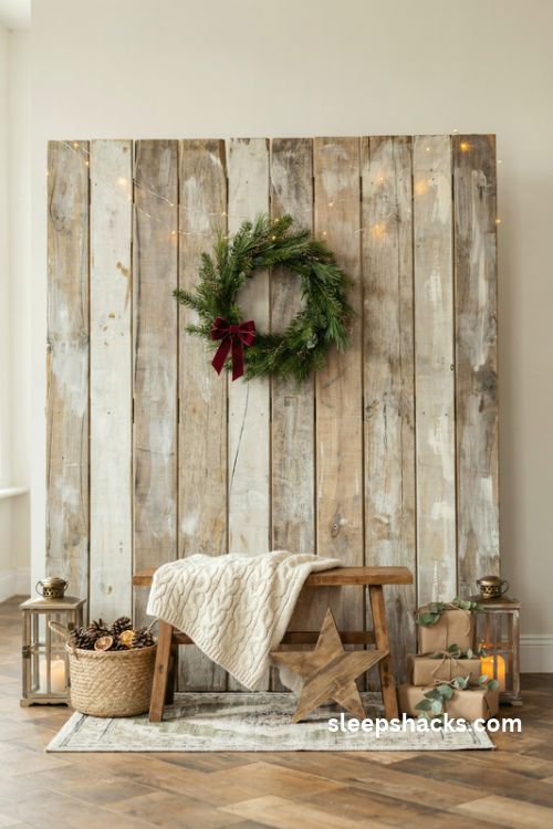 Rustic plank christmas photo backdrop with whitewashed wood wreath and warm fairy lights