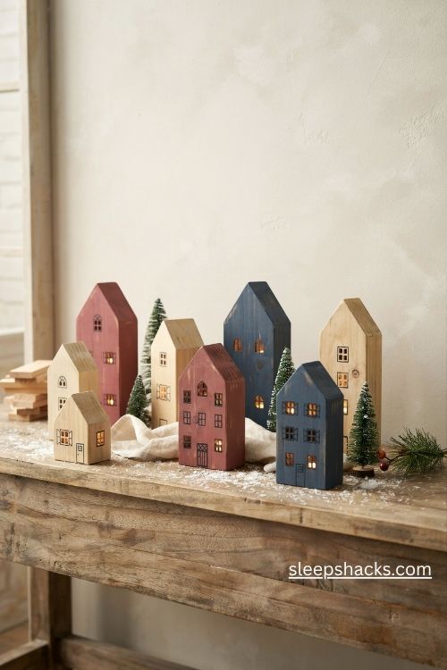 Rustic scrap wood Christmas village with handmade red cream and navy wooden houses
