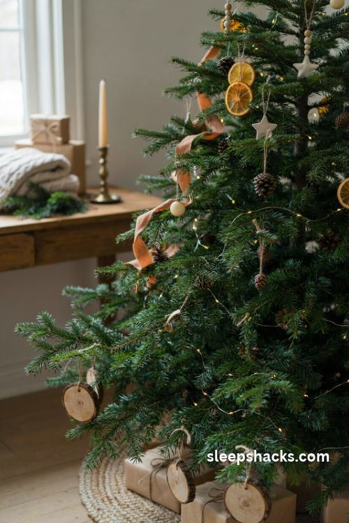Rustic wood slice Christmas ornaments with bark edges and natural jute twine