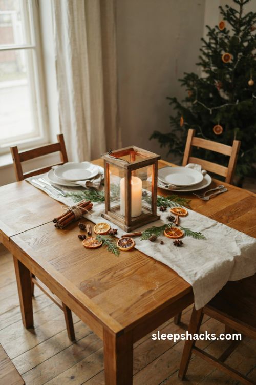 Rustic wooden Christmas lantern centerpiece with cinnamon sticks and dried orange slices