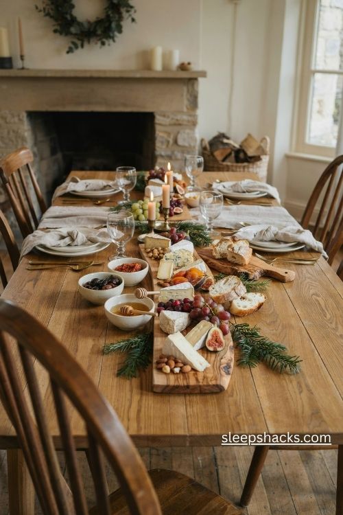 Rustic wooden Christmas serving boards with artisan cheese dried fruit and ceramic bowls