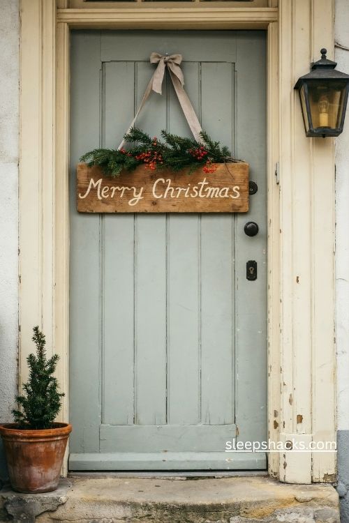 Rustic wooden Merry Christmas welcome sign with pine greenery and red berries on a farmhouse front door