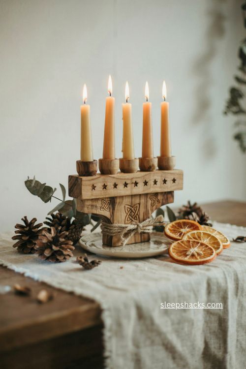 Rustic wooden christmas advent candle holder with carved details and dried oranges