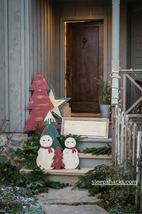 Rustic wooden christmas tree star and snowman cutouts for a cozy farmhouse front yard