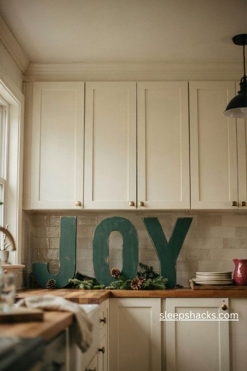 Rustic wooden joy letters with evergreen garland above cream farmhouse kitchen cabinets