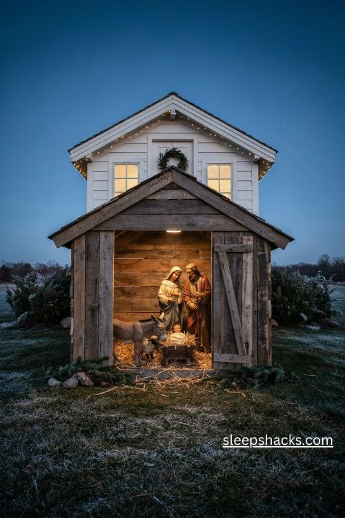 Rustic wooden nativity scene with warm spotlight and evergreen branches on a christmas front lawn