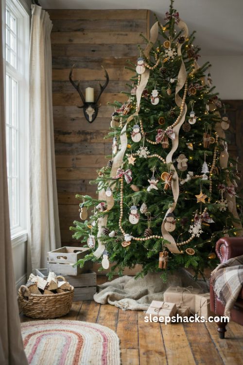 Rustic wooden snowman Christmas tree with burlap ribbon plaid bows and farmhouse ornaments