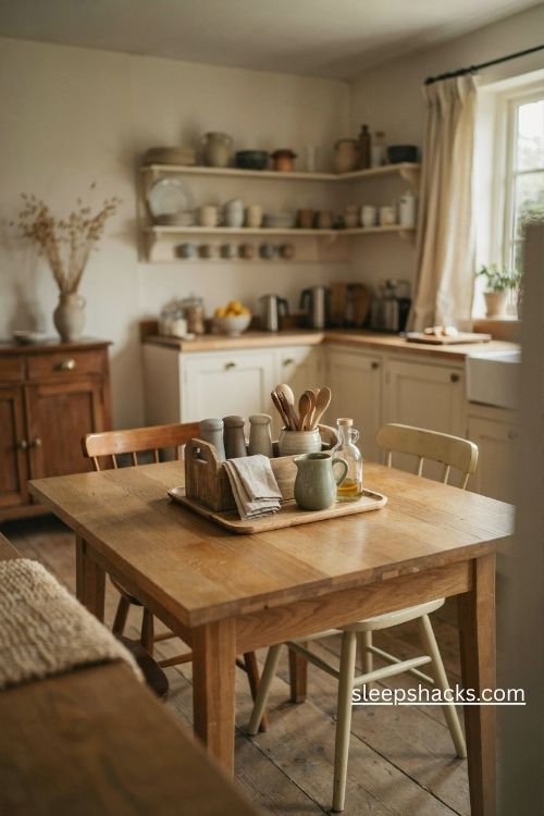 Rustic wooden table caddy with napkins condiments and ceramic accessories for a farmhouse kitchen