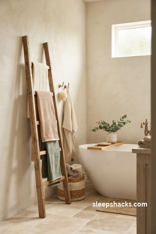 Rustic wooden towel ladder beside a freestanding bathtub with earthy textured towels and cabin style decor