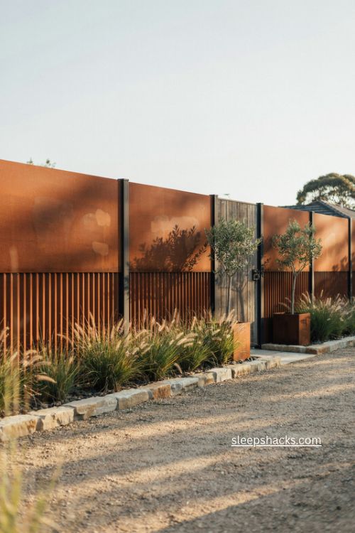 Rusty corten steel fence with warm patina green grasses and layered metal textures