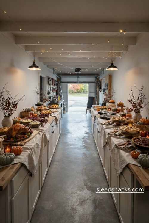 Safe thanksgiving garage setup with clear walkways bright lighting organized storage and cozy autumn decor 