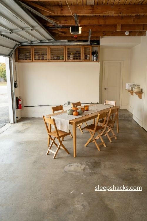 Safe thanksgiving garage setup with clear walkways bright lighting organized storage and cozy autumn decor