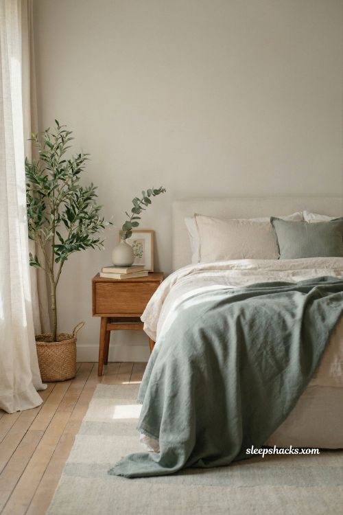Sage green accents and olive tree in a cozy cream master bedroom