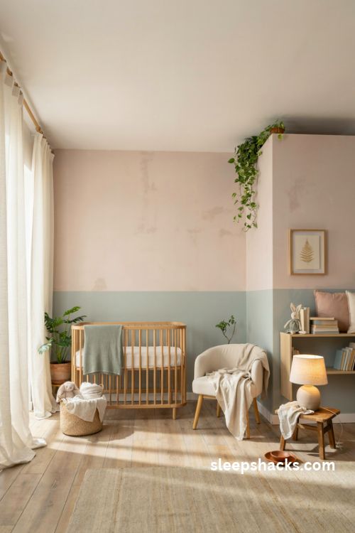 Sage green and blush pink baby girl nursery with natural wood and cozy cottage details