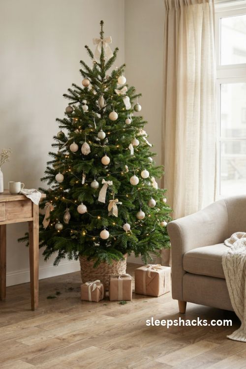 Sage green and cream Christmas tree with matching matte ornaments and warm white lights