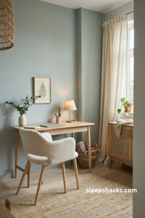 Sage green and cream feminine home office with a natural oak desk, cozy bouclé chair, rattan accents, woven rug, and soft natural light