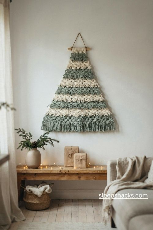 Sage green and cream macrame christmas tree wall hanging for a neutral cozy home