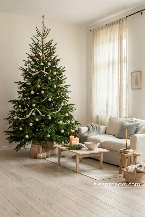 Sage green and pearl christmas tree decor with ivory ornaments soft white lights and natural wood accents