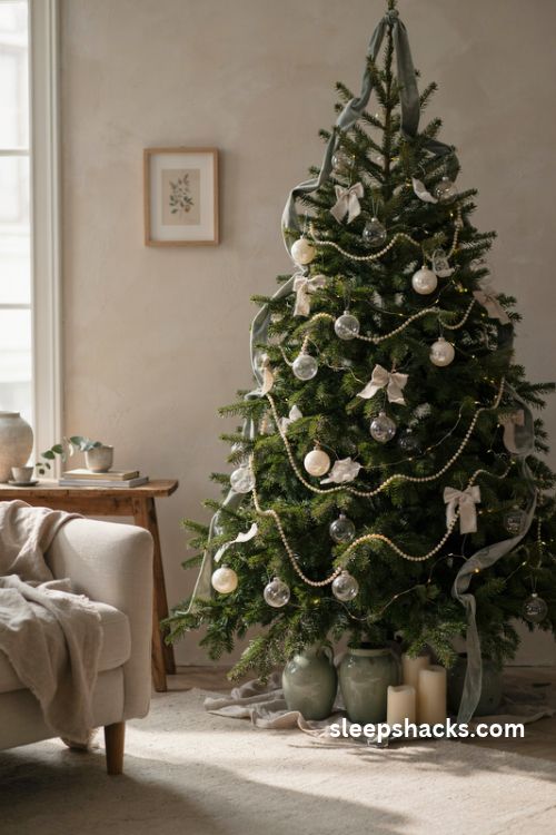 Sage green and pearl christmas tree with velvet ribbon frosted ornaments and warm white lights