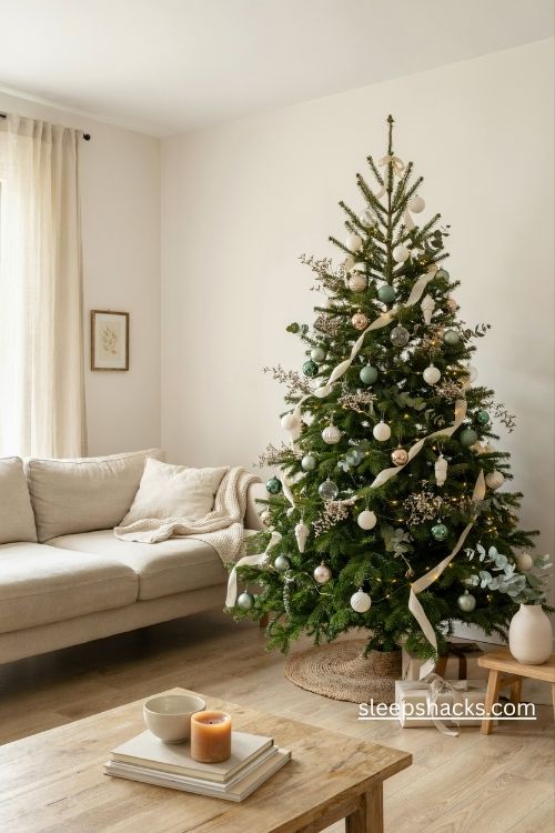 Sage green and pearl white Christmas tree with cream ribbons and natural decor