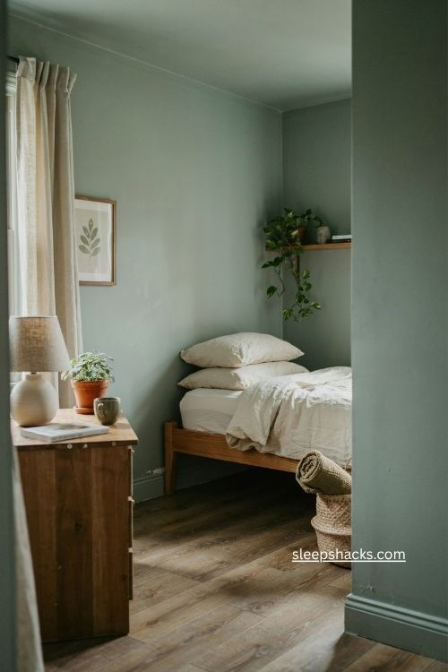 Sage green bedroom colour ideas for a small cozy natural bed nook