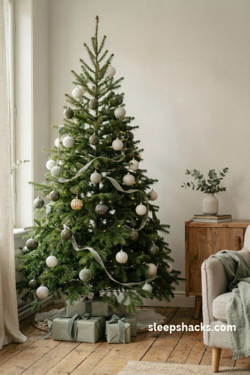 Sage green monochromatic christmas tree with velvet ribbon and tonal ornaments