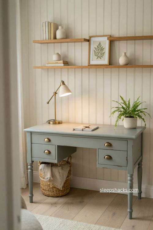Sage green painted desk makeover with brass hardware and cottage style office shelves 
