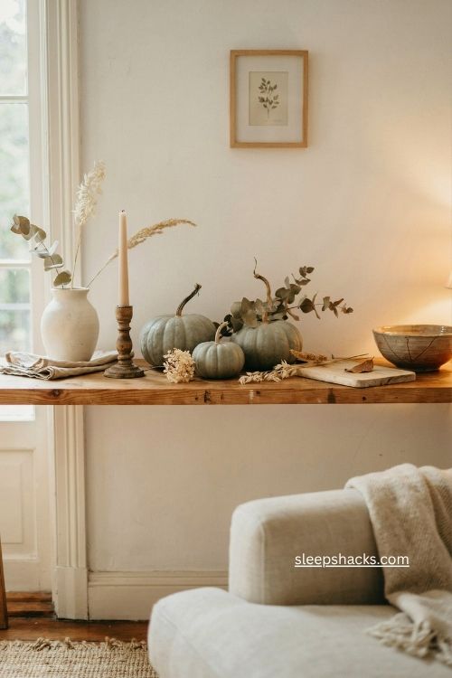 Sage green pumpkins with soft neutrals and dried autumn botanicals 