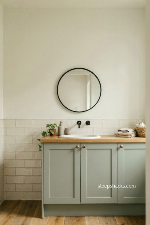 Sage green vanity bathroom with half height tile black mirror and cream walls