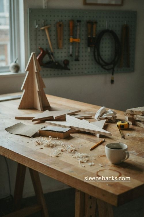 Sanding pine boards smooth for a polished DIY Christmas tree