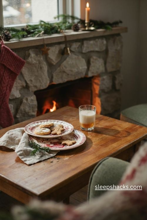 Santa cookie plate with gingerbread cookies and a glass of milk on a cozy christmas eve table