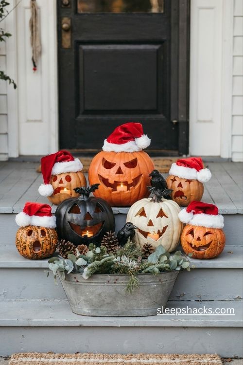Santa hat jack o lanterns with glowing grins and gothic halloween christmas porch decorations